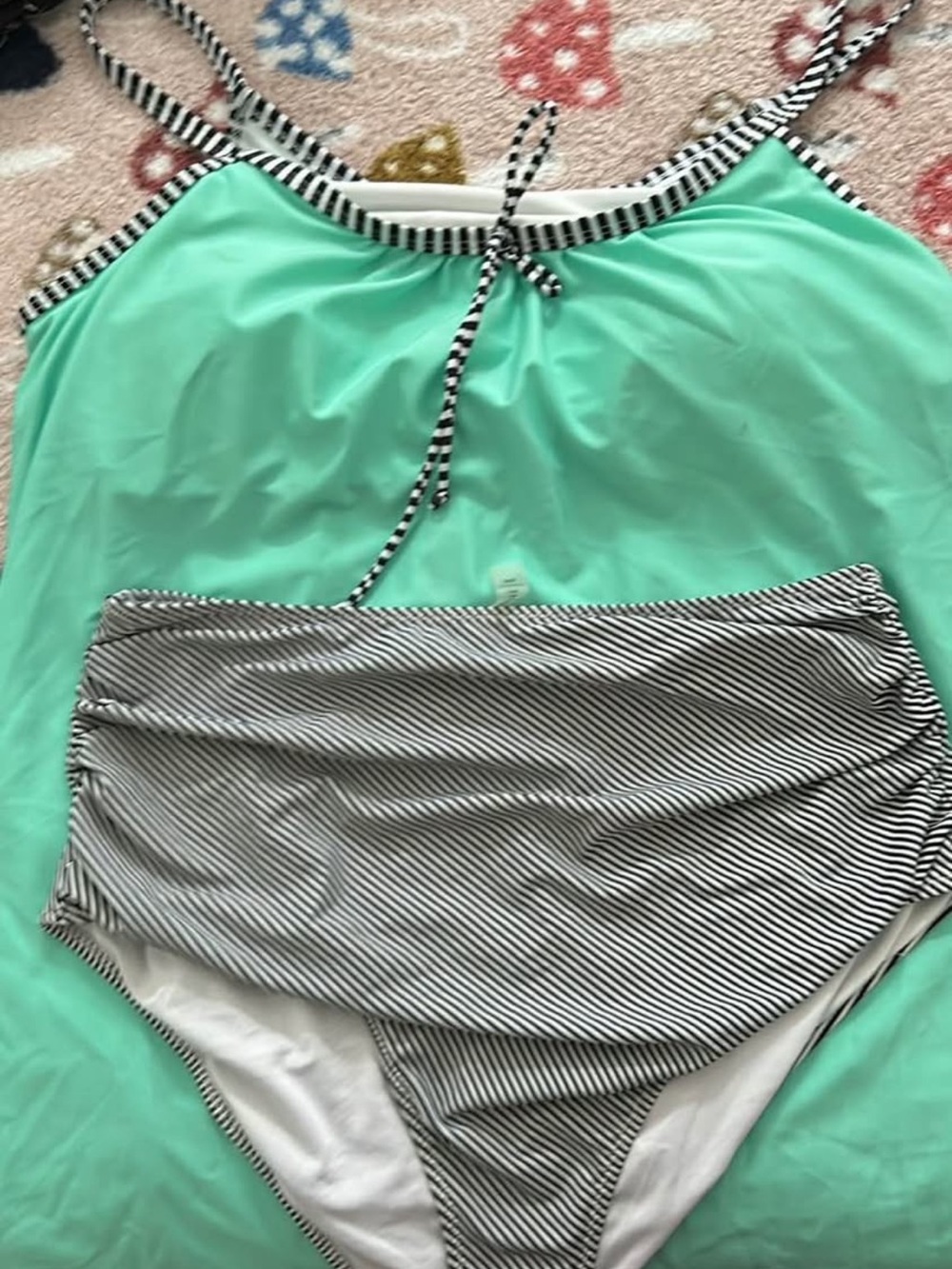 4-25$Women’s Mint Green Tankini Top with Black & White Striped High-Waist Bottom